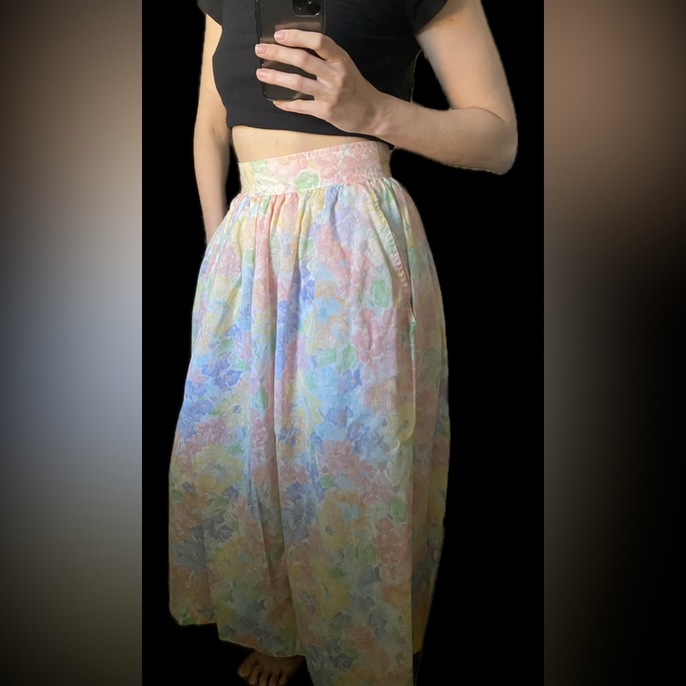 Vintage Calvin Klein Linen Blend Floral Maxi Skirt Sz 4 Pastel Cottagecore Japan
